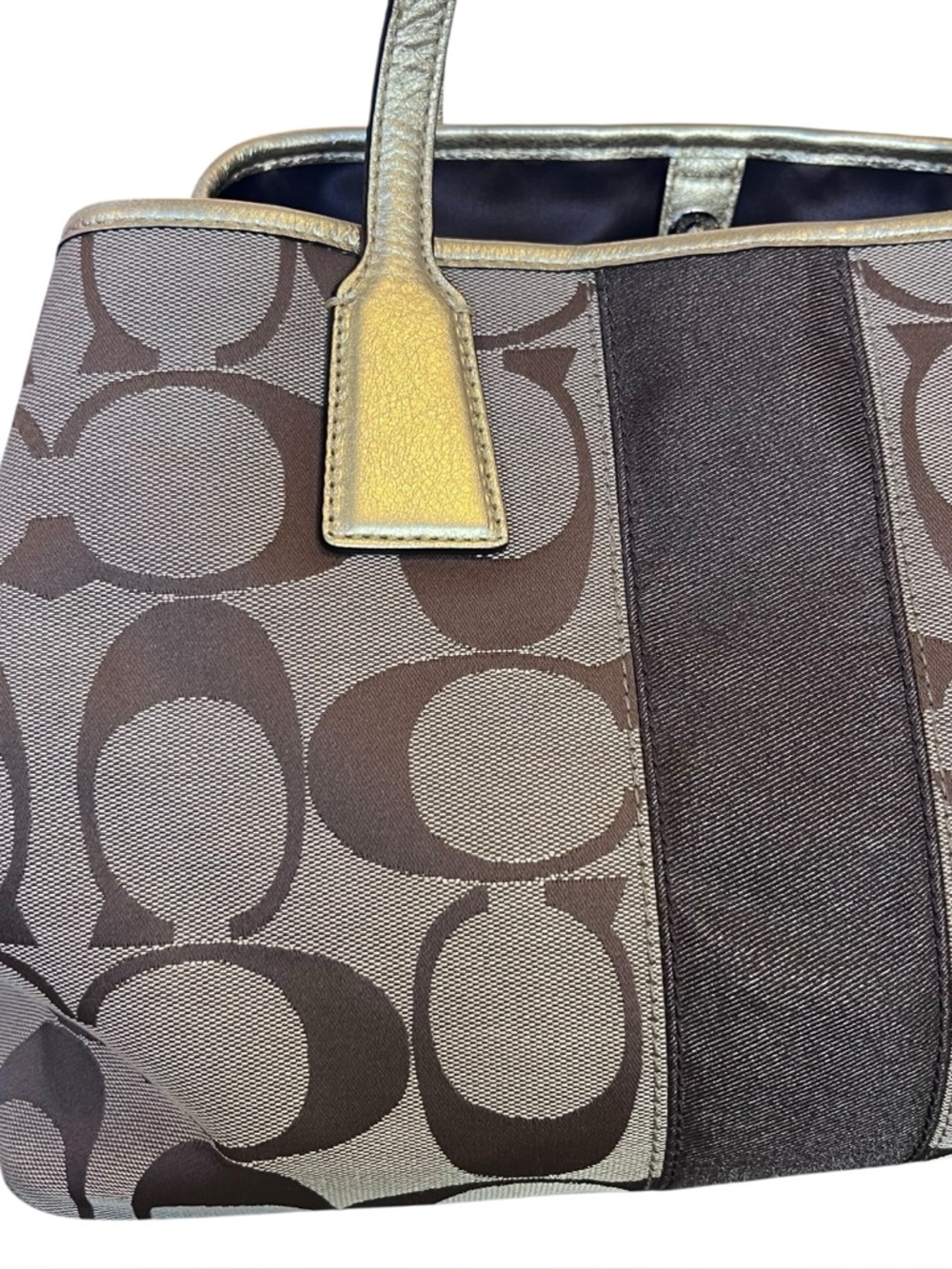 Coach Khaki Gold Y2K Vintage Kisslock Signature Stripe Framed Carryall Tote Bag - Picture 5 of 15